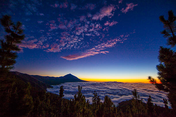 Teide Volcano in Tenerife during sunset. And Sea Cloud over San Cristóbal de la Laguna. Ligth in the city make an strange effect in the clouds. 