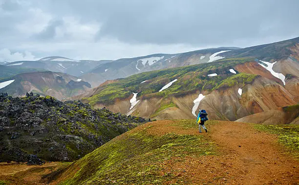 Photo of hiker in the mountains, Iceland
