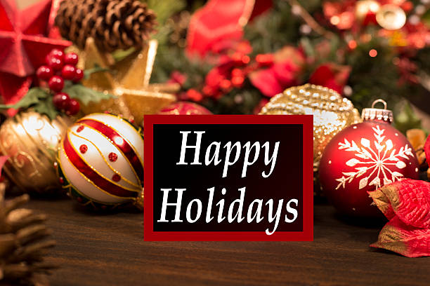 istock Christmas ornaments, decorations with Happy Holidays greeting card. 622436250