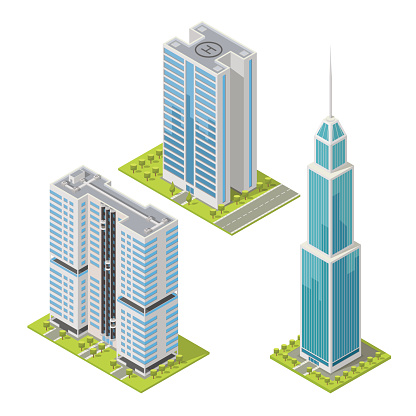 Set of realistic office buildings, isometric skyscrapers, modern apartment. Vector illustration with isometric buildings. 3D building design for logos, infographics and city map creation.