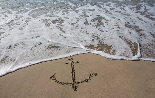 istock Anchor drawn in the sand on the beach 622439978