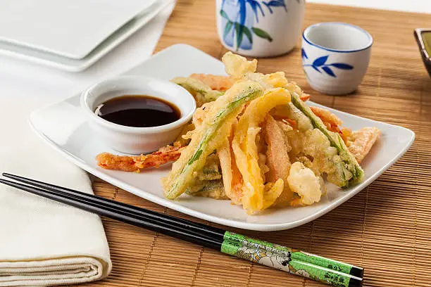 Japanese tempura vegetables fried in a light batter. Served with soy sauce.