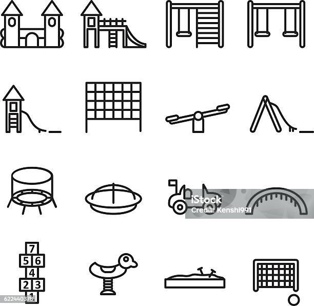 Playgorund Thin Line Icon Set Vector Stock Illustration - Download Image Now - Icon Symbol, Playground, Slide - Play Equipment