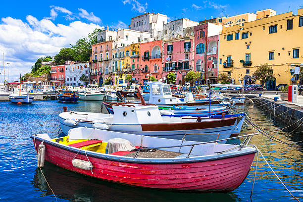 vivid beautiful Procida island, Italy Italian holidays - charming small island Procida in Campania, Italy naples italy photos stock pictures, royalty-free photos & images