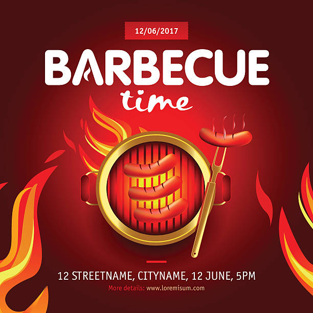 illustrazioni stock, clip art, cartoni animati e icone di tendenza di design della festa barbecue con fuoco alla griglia, invito barbecue. - roast beef meat barbecue roasted