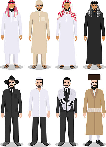 satz von verschiedenen stehenden arabischen und jüdischen männern - judaism jewish ethnicity hasidism rabbi stock-grafiken, -clipart, -cartoons und -symbole