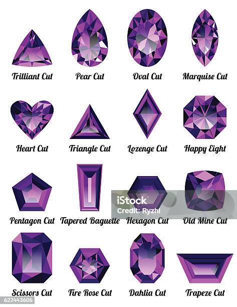 Set Of Realistic Amethysts With Complex Cuts Stock Illustration - Download Image Now - Trapeze Artist, Amethyst, Pear