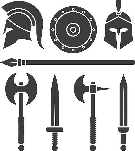 Vector illustration of Weapons and armor of the Spartans. Swords and axes set