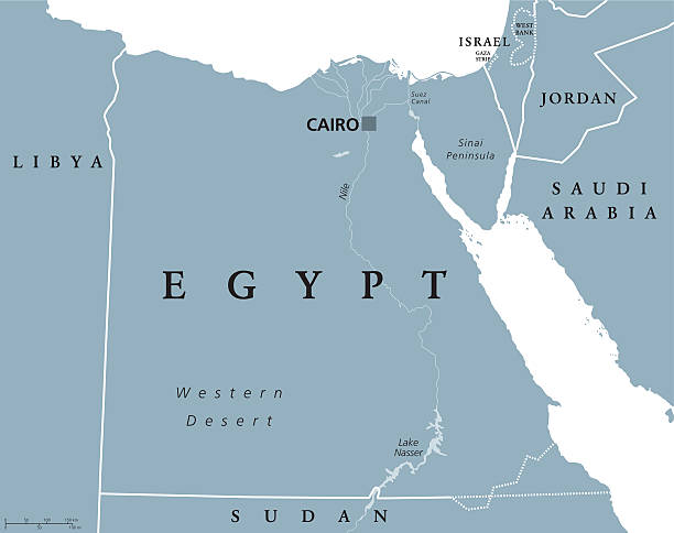 Egypt political map with capital Cairo Egypt political map with capital Cairo, with Nile, Sinai Peninsula and Suez Canal. Arab Republic of Egypt with international borders and neighbor countries. Gray colored illustration. English labeling. egypt stock illustrations