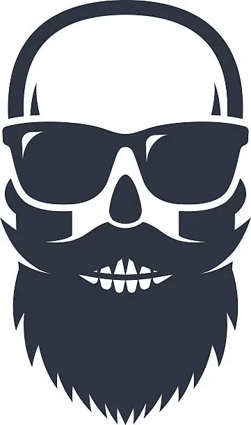 Vector illustration of Bald, bearded hipster skull wearing sunglasses