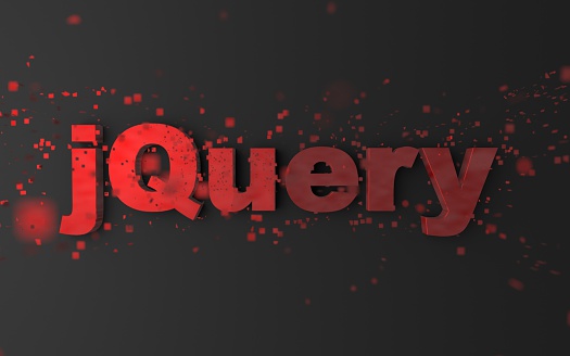 Word 'jQuery' with pixels / particles flying around. Javascript library concept.
