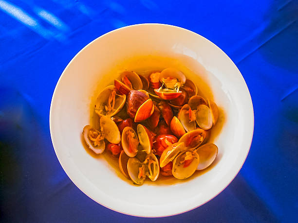 Seafood: Mussels on wooden table