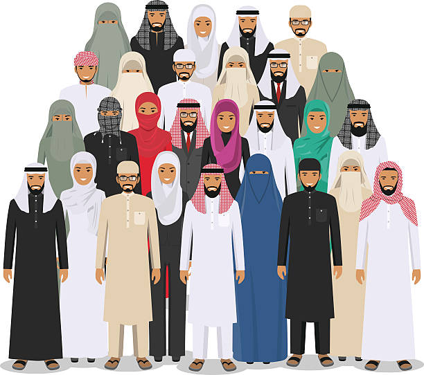 Family and social concept. Group young muslim people standing together Arab man and woman standing together in different traditional islamic clothes on white background in flat style. Different traditional islamic clothes dress styles. Flat design style people characters. Social concept. Family concept. Vector illustration on white background. middle eastern clothes stock illustrations