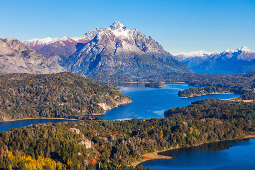Nahuel Huapi National Park aerial view from the Cerro Campanario viewpoint in Bariloche, Patagonia region in Argentina.