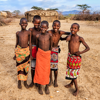 Group of happy African boys from Samburu tribe, Kenya, Africa. Samburu tribe is north-central Kenya, and they are related to  the Maasai.