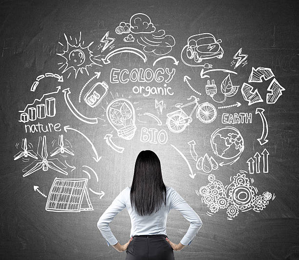 istock Woman looking at renewable energy sources sketches at blackboard 622457144
