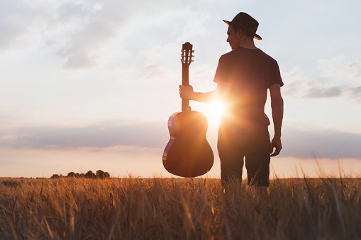 silhouette of musician with guitar at sunset field