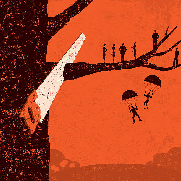 Corporate Downsizing Business people watch as their branch is cut from the tree. budget cut stock illustrations