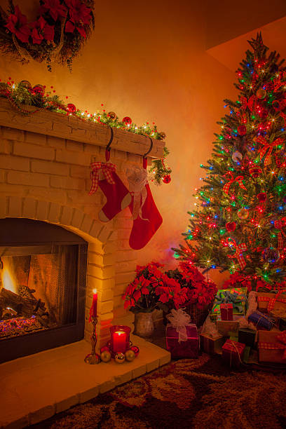 istock Old brick fireplace with Christmas decorations(P) 622506208