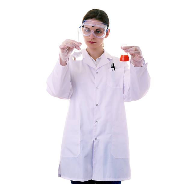 istock Female assistant scientist in white coat over  isolated background 622513816