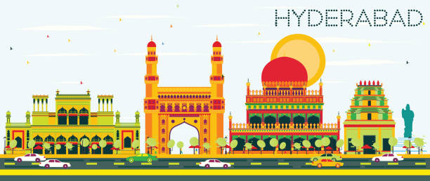 abstrakte skyline von hyderabad mit farbe sehenswürdigkeiten. - hyderabad stock-grafiken, -clipart, -cartoons und -symbole