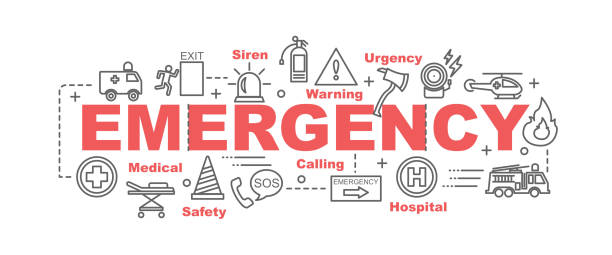 emergency vector banner emergency vector banner design concept, flat style with thin line art emergency icons on white background sos stock illustrations