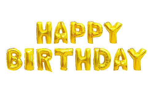 Word happy birthday in english alphabet from yellow (Golden) balloons on a white background. holidays and education.
