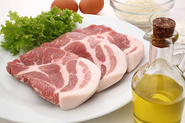 pork cutlet ingredients - baking flour ingredient animal egg imagens e fotografias de stock