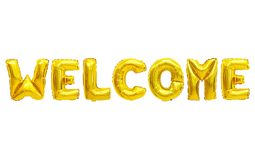 Word welcome in english alphabet from yellow (Golden) balloons on a white background. holidays and education.