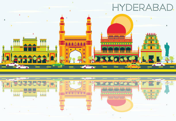 illustrazioni stock, clip art, cartoni animati e icone di tendenza di skyline astratto di hyderabad con punti di riferimento e riflessi del colore. - hyderabad