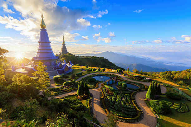 landscape of two pagoda (noppha methanidon-noppha - pattaya imagens e fotografias de stock