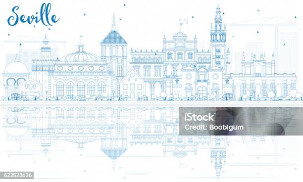 블루 빌딩과 반사와 세비야 스카이 라인을 윤곽 세비야에 대한 스톡 벡터 아트 및 기타 이미지 - 세비야, 안달루시아, 스카이라인