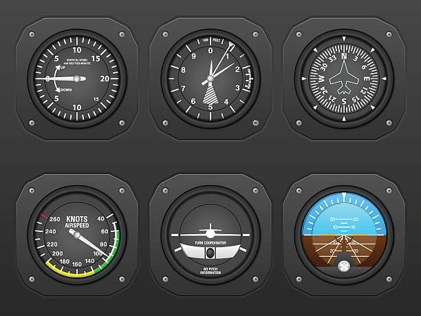 Airplane dashboard Flight instrument on a black dashboard.  panel stock illustrations