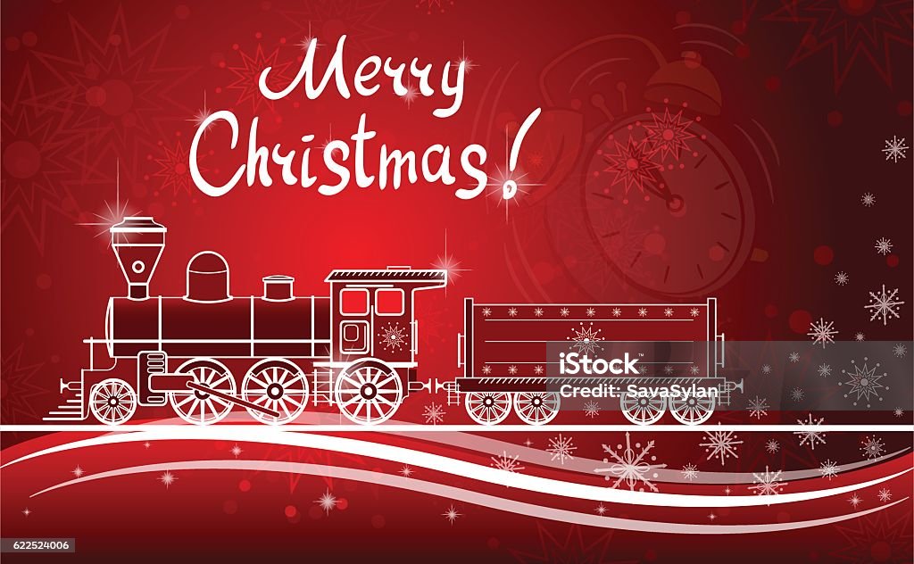 Merry Christmas Merry Christmas greeting card, red background, vector illustration. Train - Vehicle stock vector