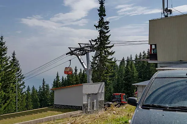 Station  of  contemporary ski tow or lift  in sunny day with blue sky, Vitosha mountain, Bulgaria