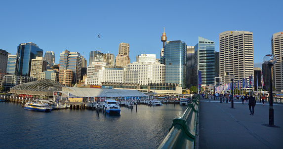 Sydney, Australia - October 20, 2016: Cityscape of Darling Harbour, a recreational and pedestrian precinct situated on western outskirts of the Sydney central business district in New South Wales, Australia.