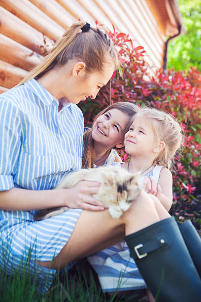 istock Mother with her daughters holding cat against nature 622527888