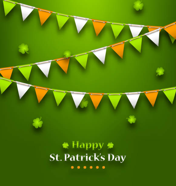 bunting proporczyki w irlandzkich kolorach i koniczyny dla st patrick - clover ribbon march northern ireland stock illustrations