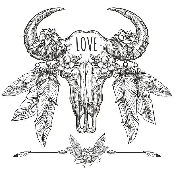 Vector illustration of Buffalo skull with flowers and feathers