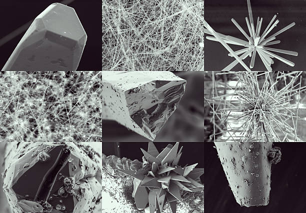 collage científico. cristal en microscopio electrónico - crystallography fotografías e imágenes de stock