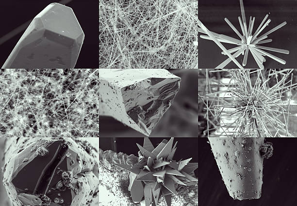 scientific collage. crystal in electron microscope - crystallization imagens e fotografias de stock