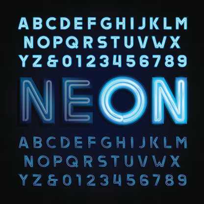 Blue neon tube alphabet font. Light turn on and off.
