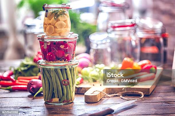 Preserving Organic Vegetables In Jars Stock Photo - Download Image Now - Fermenting, Food, Jar