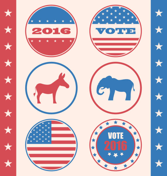 ilustraciones, imágenes clip art, dibujos animados e iconos de stock de estilo retro de botón para votar o votar campaña de elección - democratic party