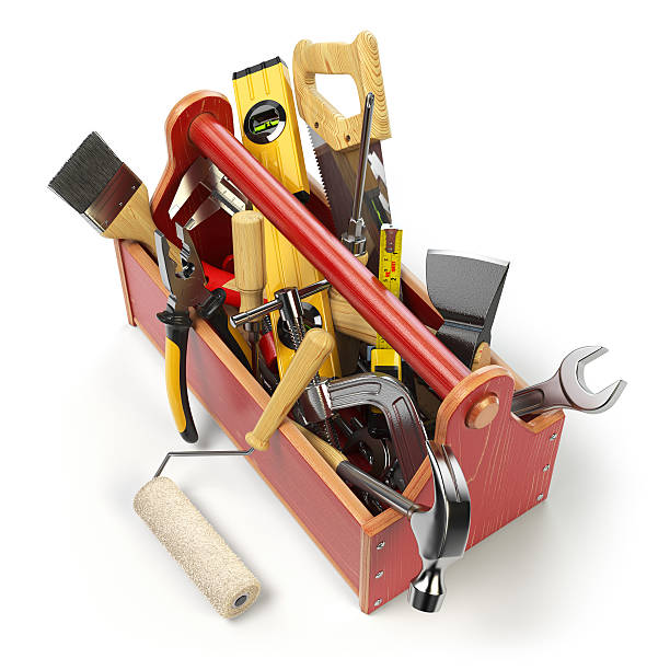 istock Wooden toolbox with tools isolated on white. Skrewdriver, hammer 622544638