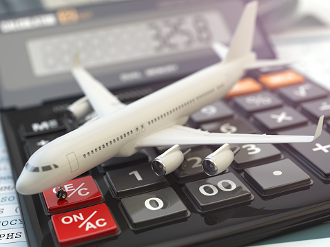 Travel cost calculation concept. Airplane and calculator. Cheapest flight. 3d illustration