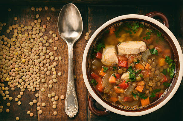 istock Hot soup with green lentil, chicken, vegetables and spices. 622547816