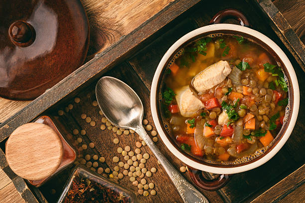 istock Hot soup with green lentil, chicken, vegetables and spices. 622547834