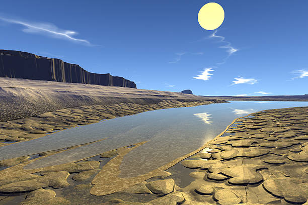 istock Fantasy alien planet. Mountain and lake. 3D illustration 622548536