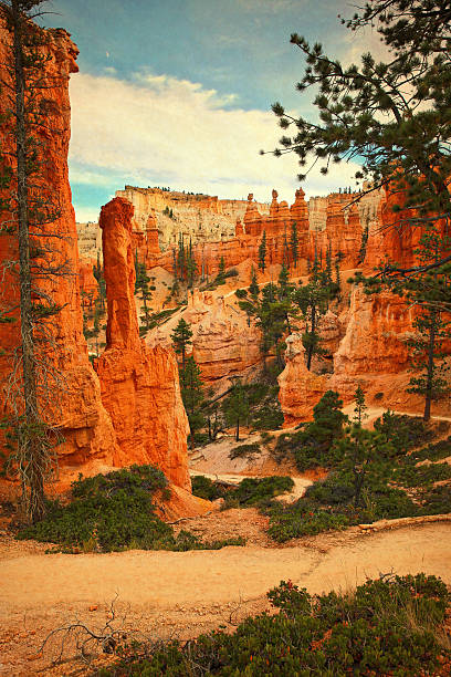 Retro image of Bryce Canyon National Park Hoodoos and Footpath.